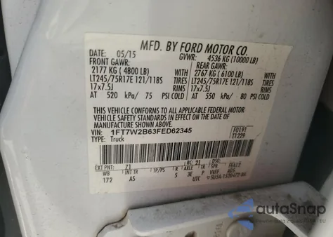 2015 Ford F250 Super Duty from USA, damaged, VIN 1FT7W2B63FED62345